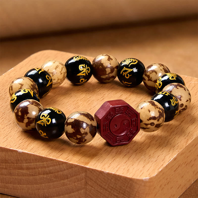 Carved Bodhi Seed & Cinnabar Bracelet with Om Mani Padme Hum, Yin Yang, Bagua Symbols