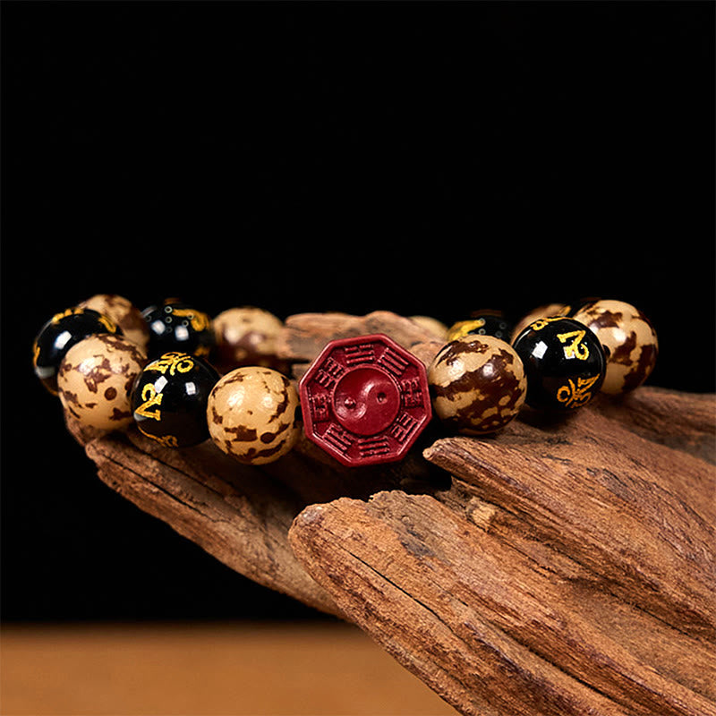 Carved Bodhi Seed & Cinnabar Bracelet with Om Mani Padme Hum, Yin Yang, Bagua Symbols