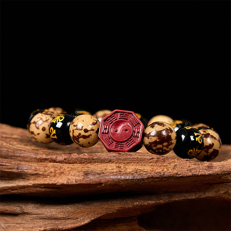 Carved Bodhi Seed & Cinnabar Bracelet with Om Mani Padme Hum, Yin Yang, Bagua Symbols