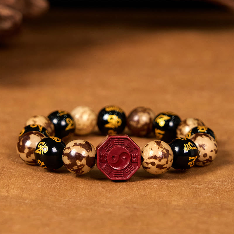 Carved Bodhi Seed & Cinnabar Bracelet with Om Mani Padme Hum, Yin Yang, Bagua Symbols