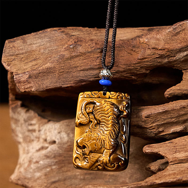 Natural Tiger Eye Square Tiger Pattern Protection Rope Necklace Pendant