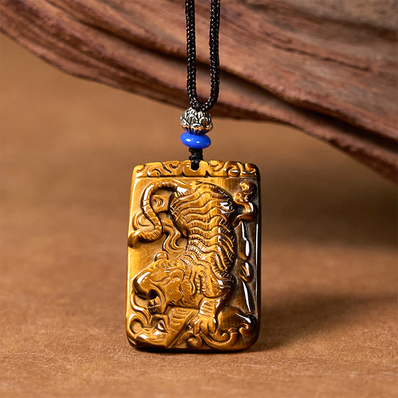Natural Tiger Eye Square Tiger Pattern Protection Rope Necklace Pendant