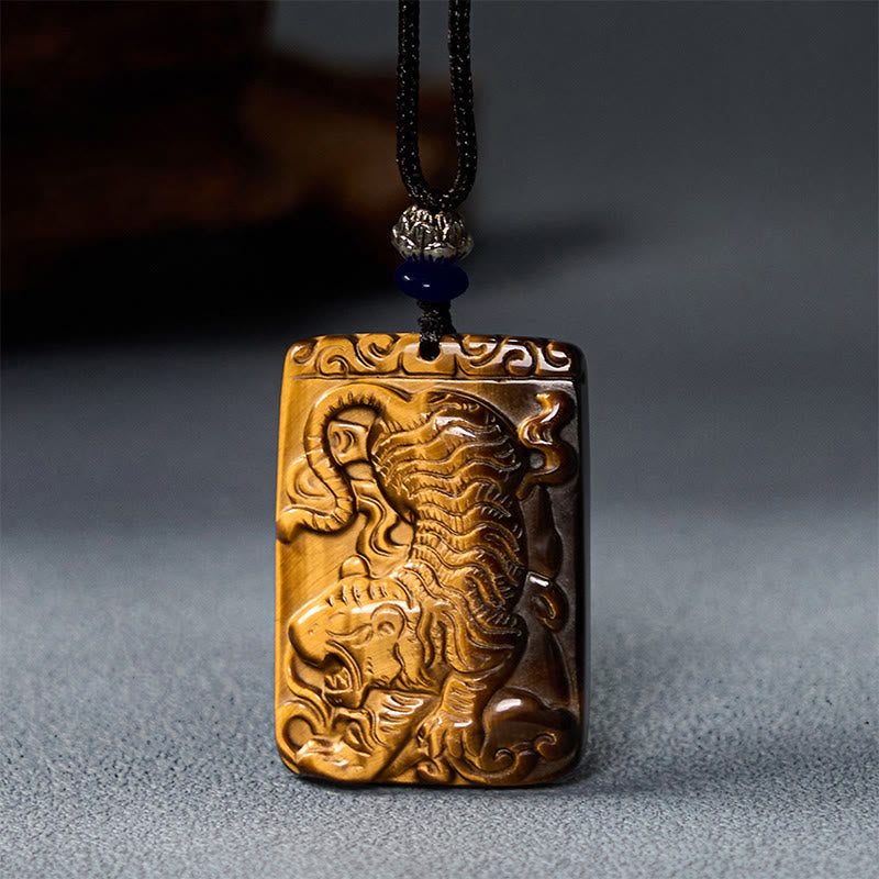 Natural Tiger Eye Square Tiger Pattern Protection Rope Necklace Pendant