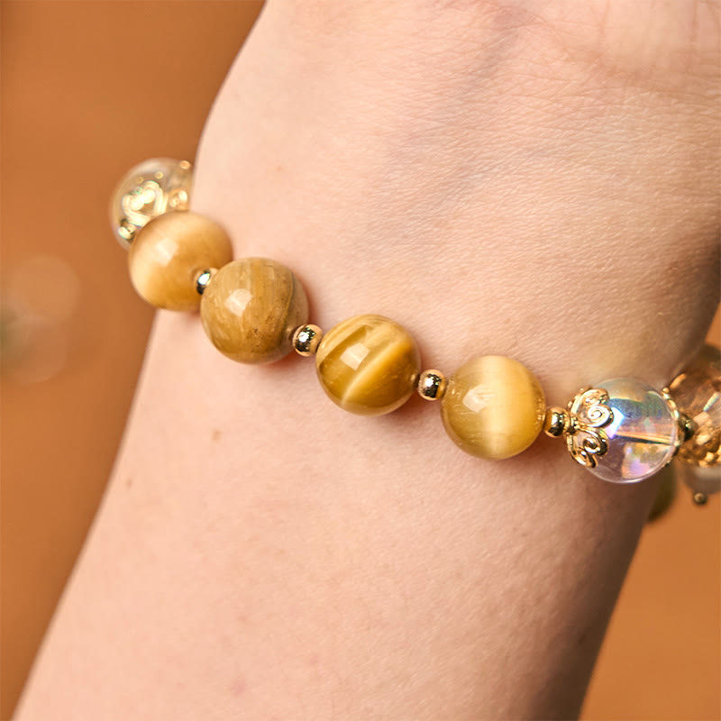 Natural Tiger Eye Beads Green Leaf Courage Bracelet