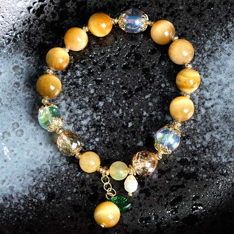 Natural Tiger Eye Beads Green Leaf Courage Bracelet