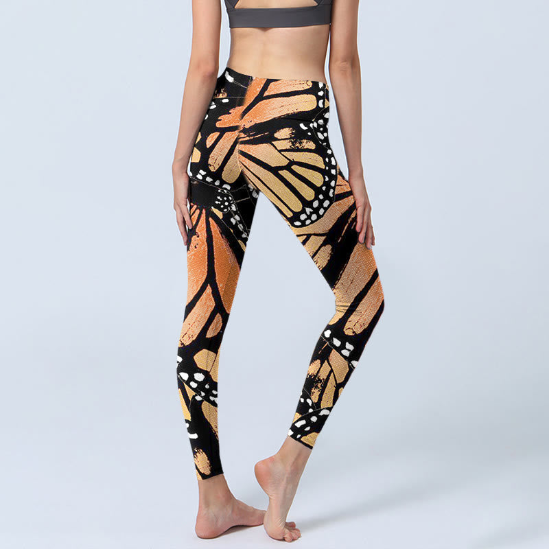 Yellow Butterfly Print Exercise Leggings Women's Yoga Pants