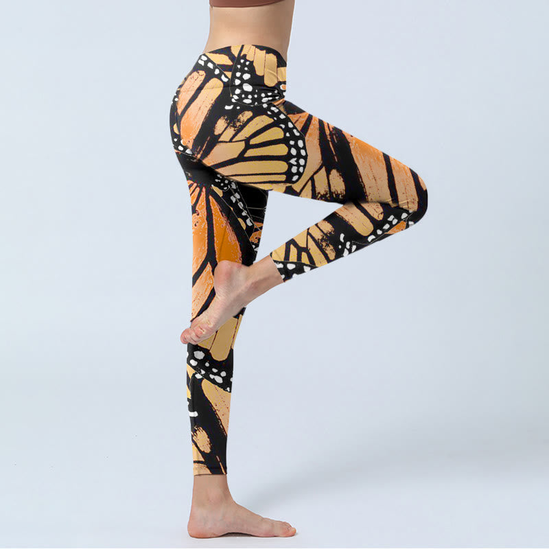 Yellow Butterfly Print Exercise Leggings Women's Yoga Pants