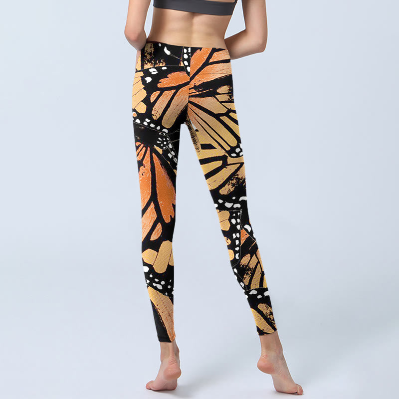 Yellow Butterfly Print Exercise Leggings Women's Yoga Pants