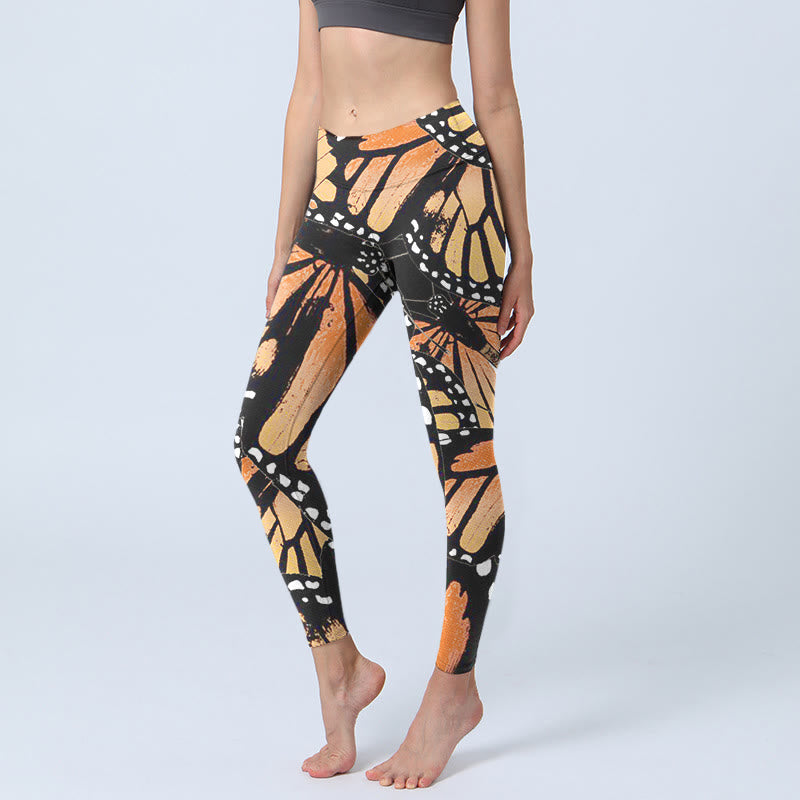 Yellow Butterfly Print Exercise Leggings Women's Yoga Pants