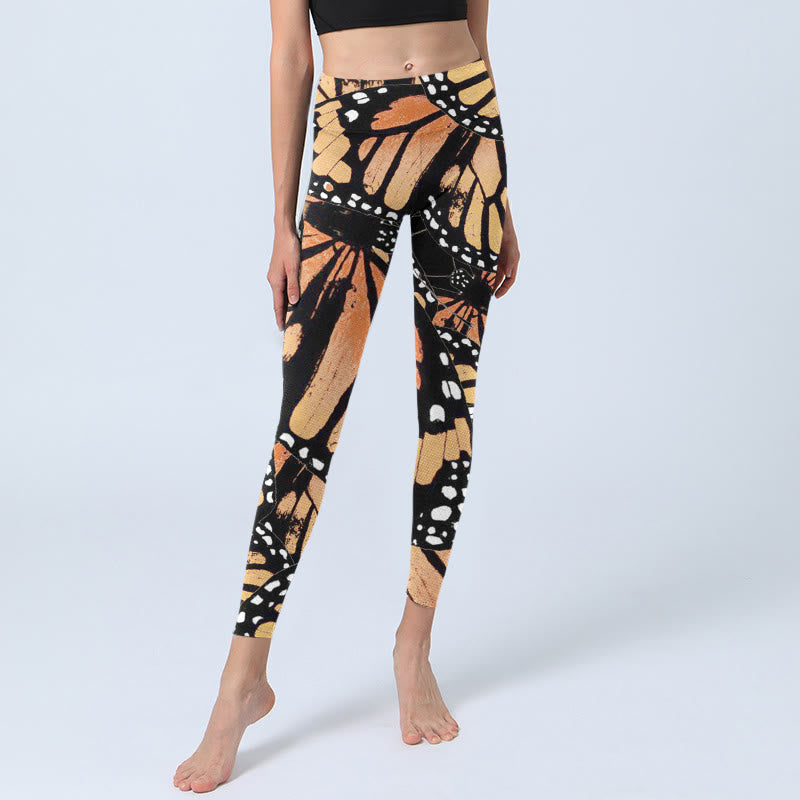 Yellow Butterfly Print Exercise Leggings Women's Yoga Pants