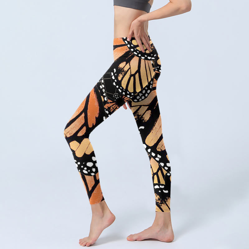 Yellow Butterfly Print Exercise Leggings Women's Yoga Pants