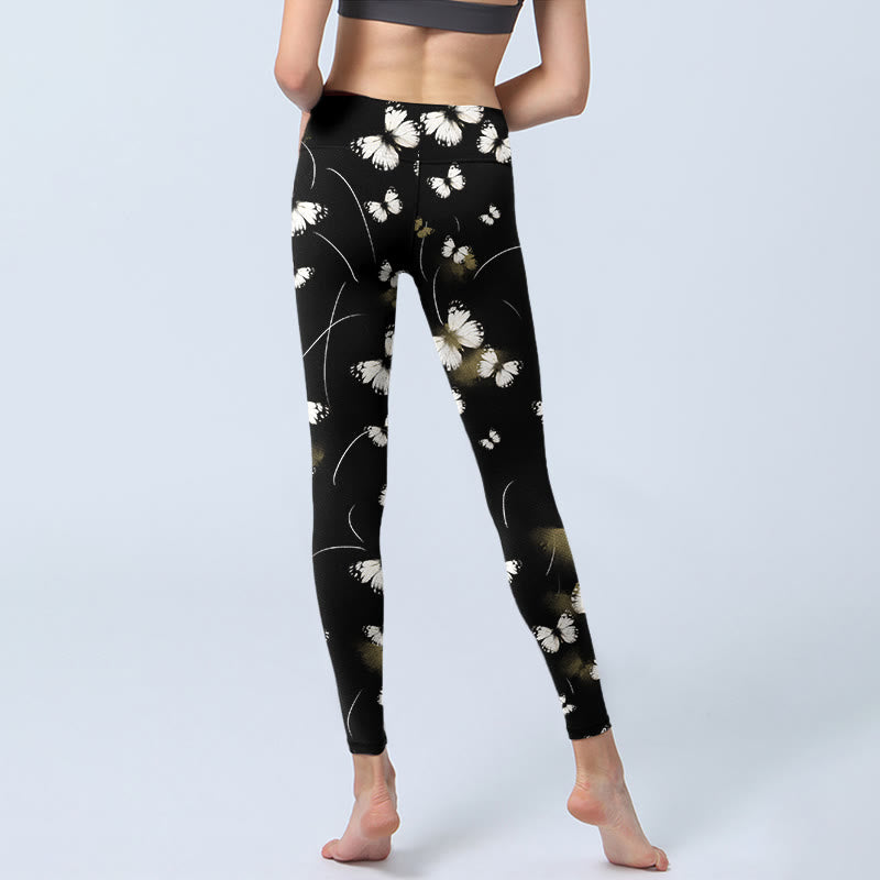 White Butterfly Starlight Print Exercise Leggings Women's Yoga Pants