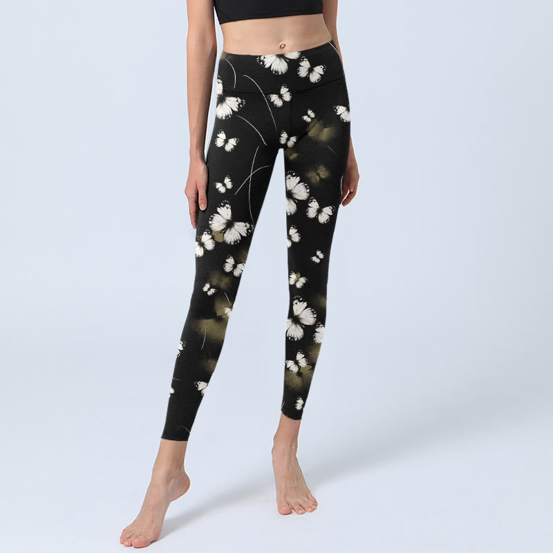 White Butterfly Starlight Print Exercise Leggings Women's Yoga Pants