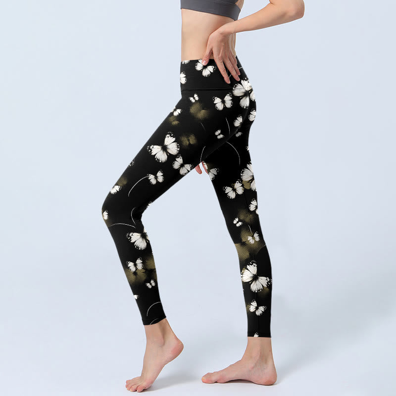 White Butterfly Starlight Print Exercise Leggings Women's Yoga Pants