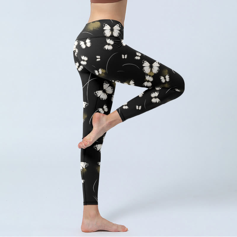 White Butterfly Starlight Print Exercise Leggings Women's Yoga Pants