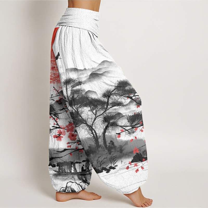 Cotton Casual Red Plum Blossom Mountains Sun Pattern Women's Elastic Waist Harem Pants