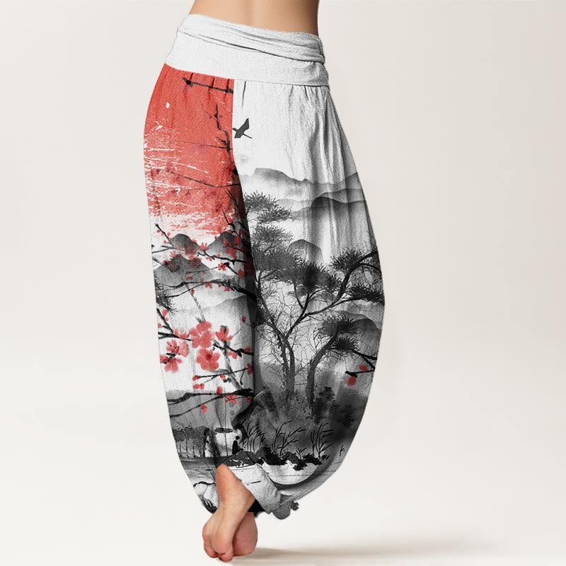 Cotton Casual Red Plum Blossom Mountains Sun Pattern Women's Elastic Waist Harem Pants
