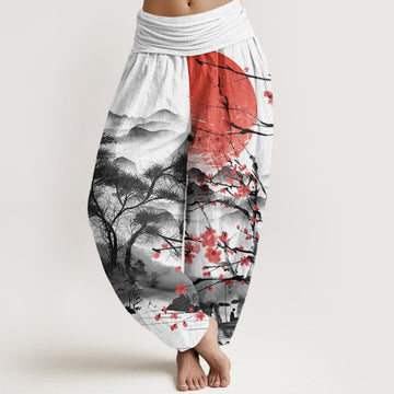 Cotton Casual Red Plum Blossom Mountains Sun Pattern Women's Elastic Waist Harem Pants