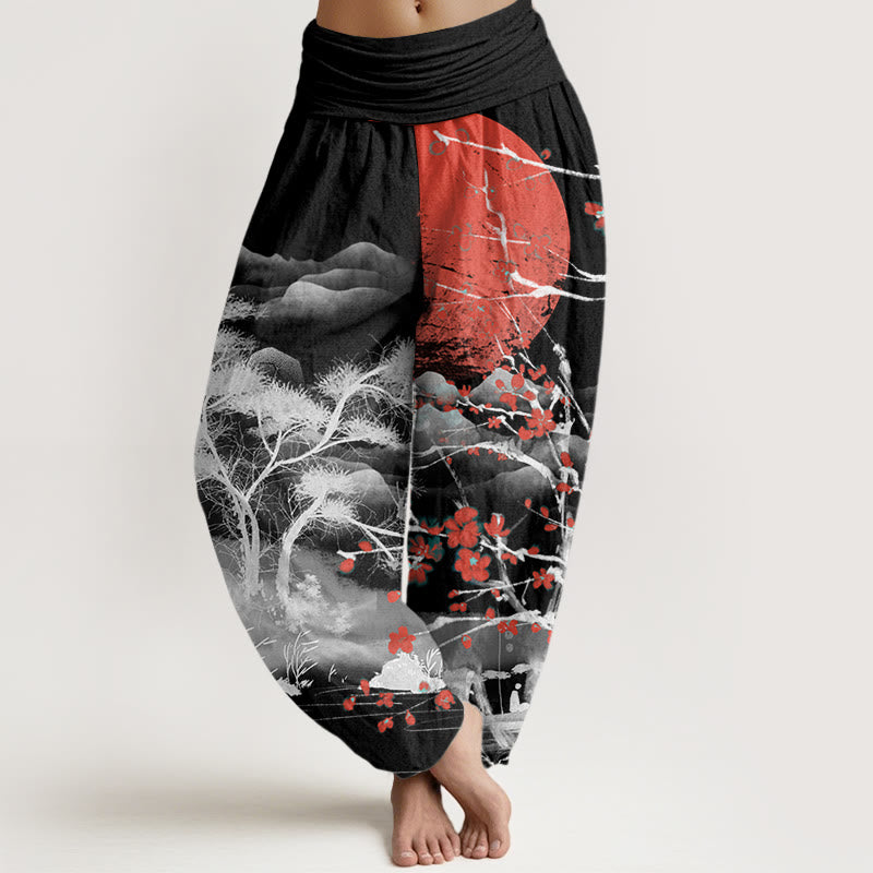 Cotton Casual Red Plum Blossom Mountains Sun Pattern Women's Elastic Waist Harem Pants