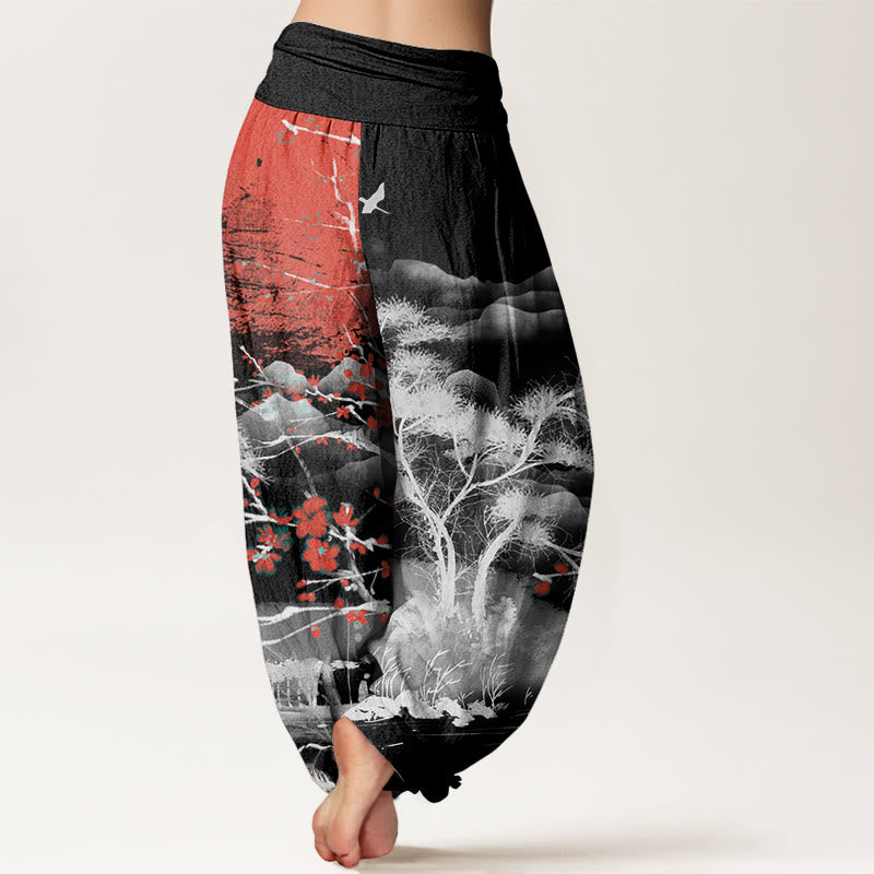 Cotton Casual Red Plum Blossom Mountains Sun Pattern Women's Elastic Waist Harem Pants