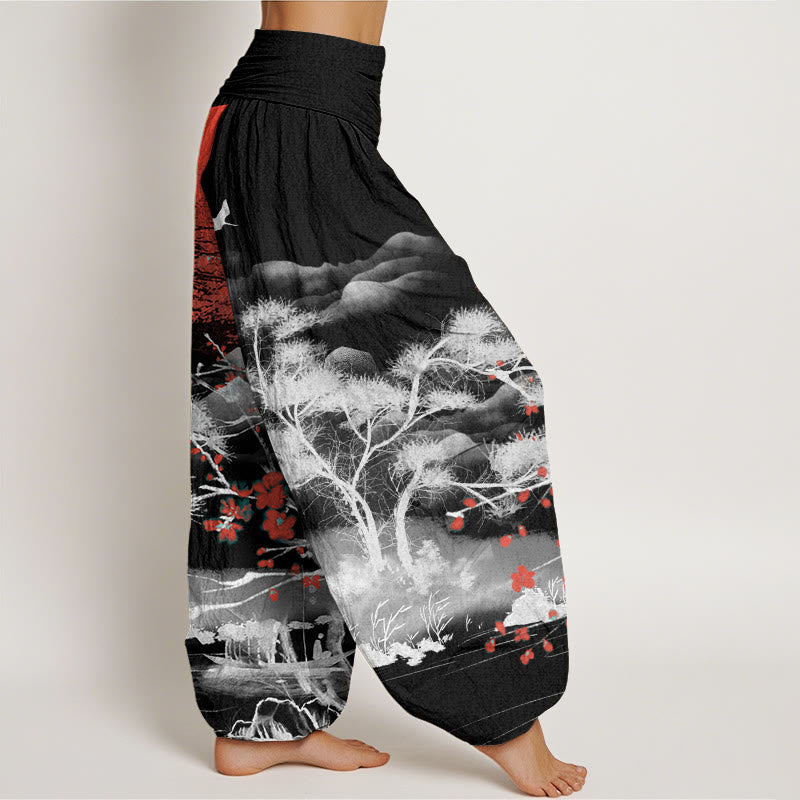 Cotton Casual Red Plum Blossom Mountains Sun Pattern Women's Elastic Waist Harem Pants