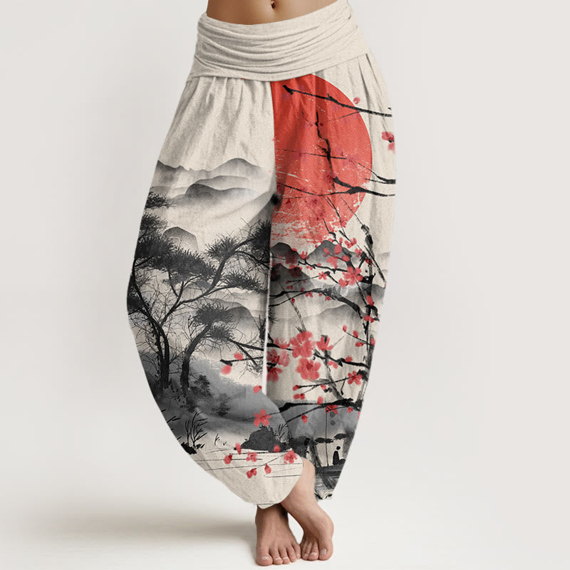 Cotton Casual Red Plum Blossom Mountains Sun Pattern Women's Elastic Waist Harem Pants