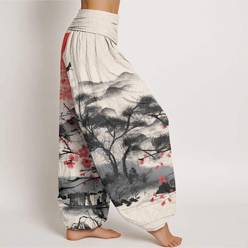 Cotton Casual Red Plum Blossom Mountains Sun Pattern Women's Elastic Waist Harem Pants