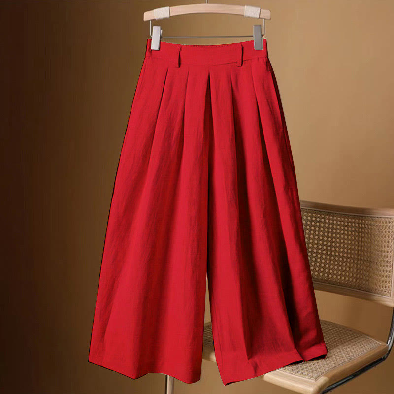 Summer Casual Pure Color 7-8 Length Cotton Linen Women's Wide Leg Pants