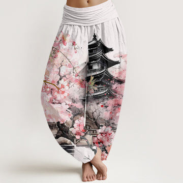 Cotton Pavilion Cherry Blossom Pattern Women's Elastic Waist Harem Pants