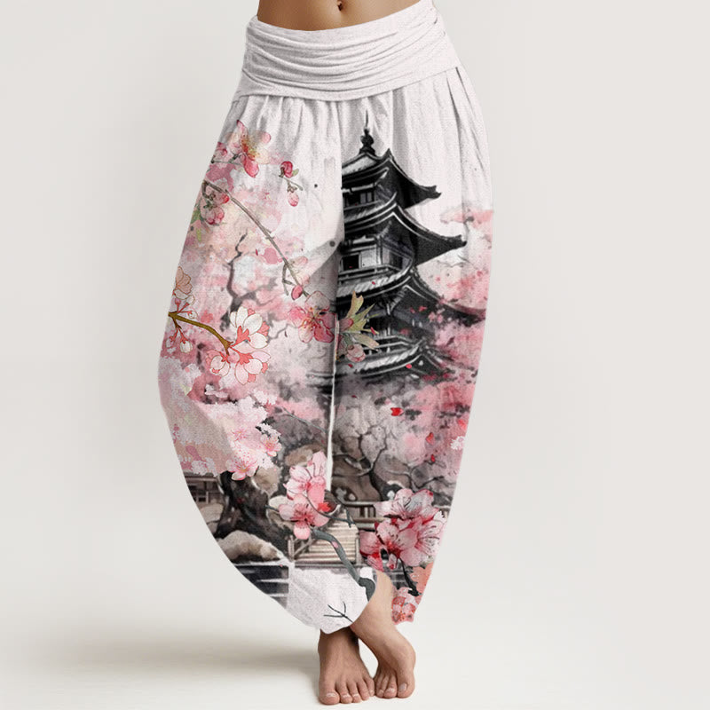 Cotton Pavilion Cherry Blossom Pattern Women's Elastic Waist Harem Pants