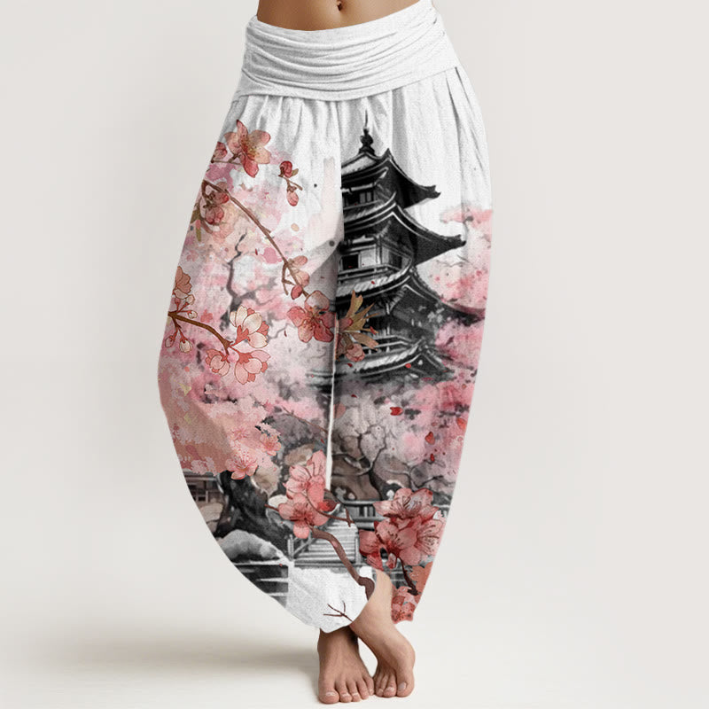 Cotton Pavilion Cherry Blossom Pattern Women's Elastic Waist Harem Pants