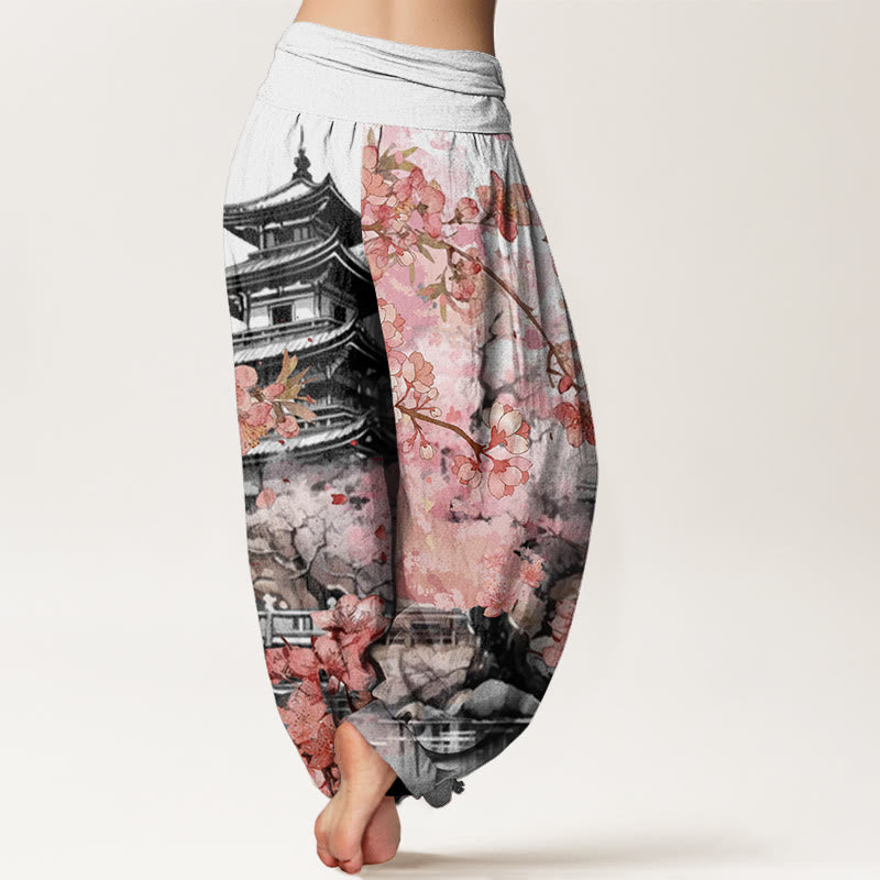 Cotton Pavilion Cherry Blossom Pattern Women's Elastic Waist Harem Pants
