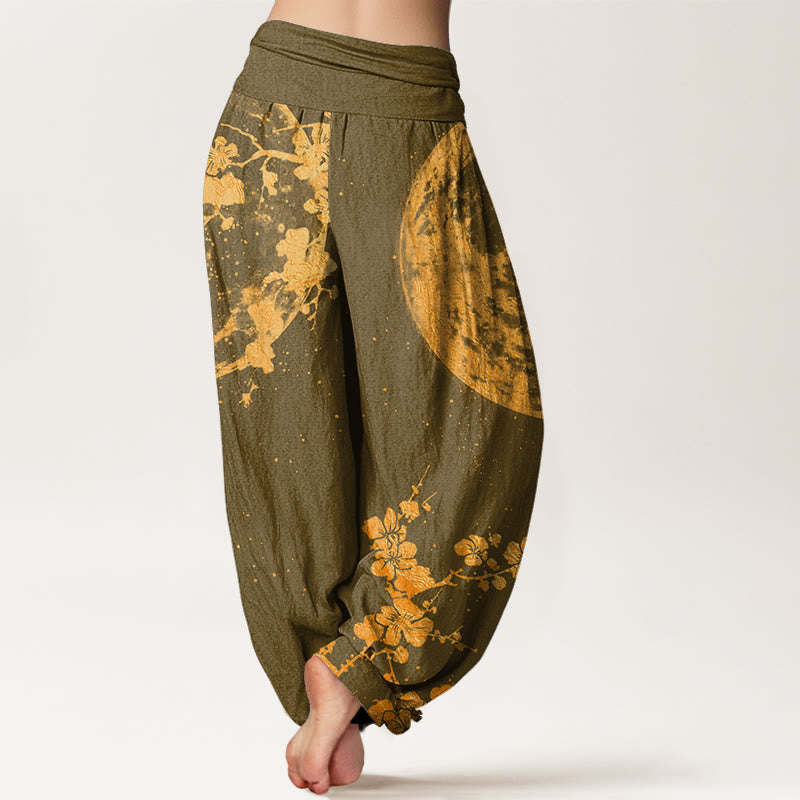 Cotton Golden Plum Blossom Full Moon Pattern Women's Elastic Waist Harem Pants