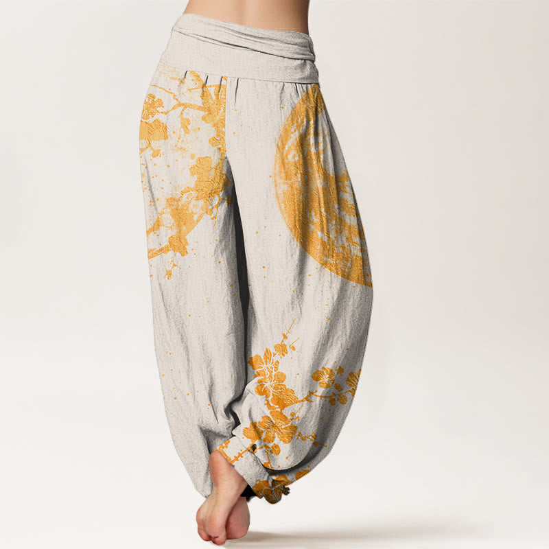 Cotton Golden Plum Blossom Full Moon Pattern Women's Elastic Waist Harem Pants