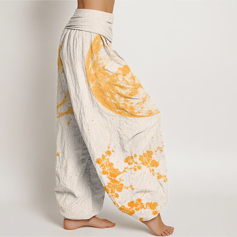 Cotton Golden Plum Blossom Full Moon Pattern Women's Elastic Waist Harem Pants