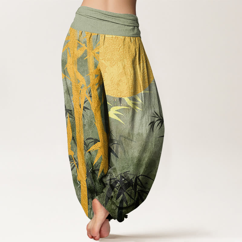 Cotton Bamboo Leaves Full Moon Pattern Women's Elastic Waist Harem Pants