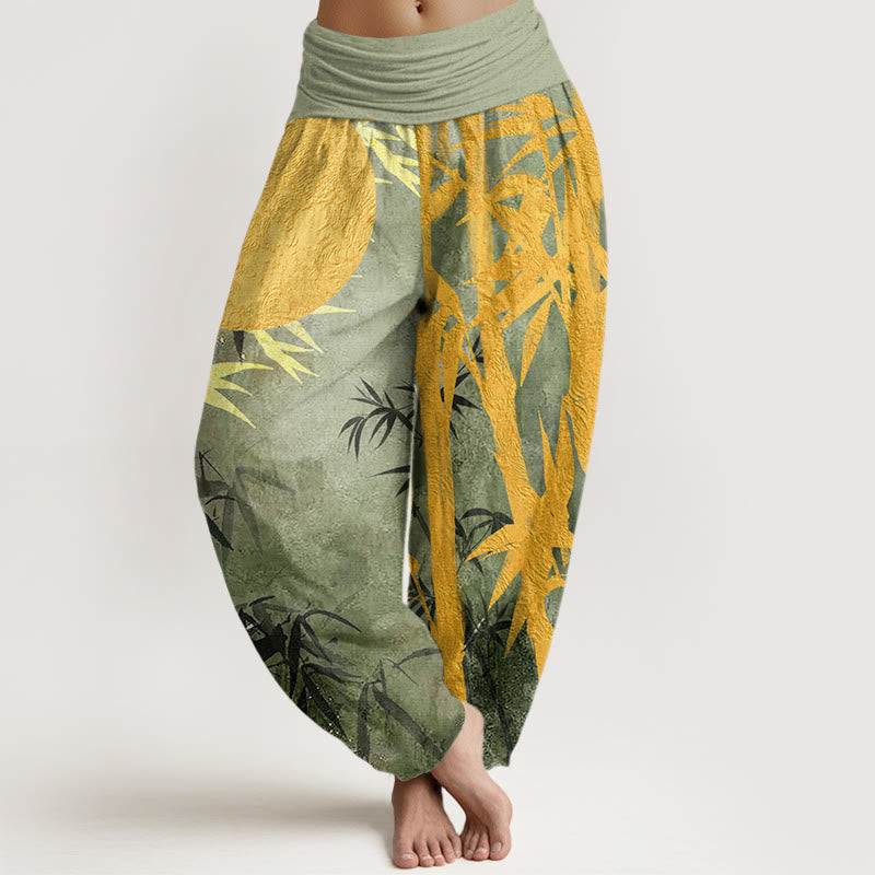 Cotton Bamboo Leaves Full Moon Pattern Women's Elastic Waist Harem Pants