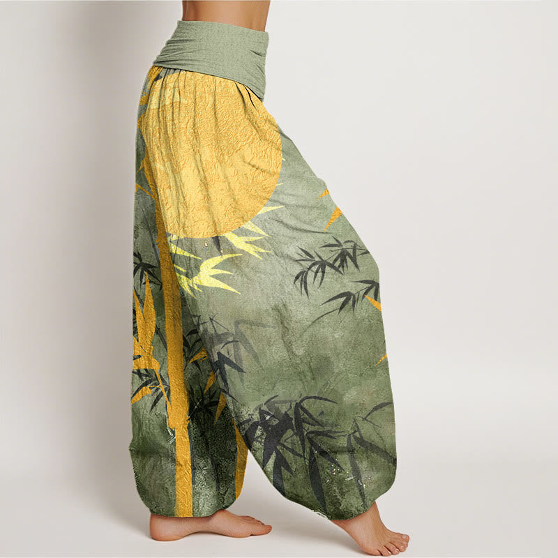 Cotton Bamboo Leaves Full Moon Pattern Women's Elastic Waist Harem Pants