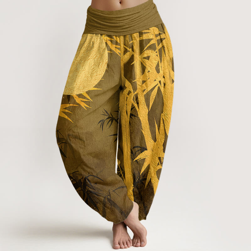 Cotton Bamboo Leaves Full Moon Pattern Women's Elastic Waist Harem Pants