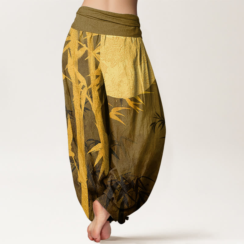 Cotton Bamboo Leaves Full Moon Pattern Women's Elastic Waist Harem Pants