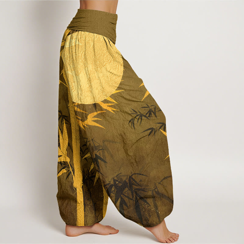 Cotton Bamboo Leaves Full Moon Pattern Women's Elastic Waist Harem Pants