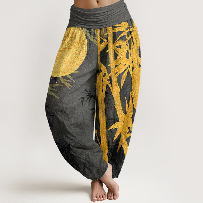 Cotton Bamboo Leaves Full Moon Pattern Women's Elastic Waist Harem Pants