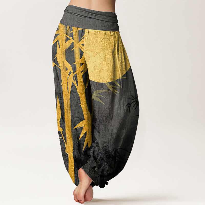 Cotton Bamboo Leaves Full Moon Pattern Women's Elastic Waist Harem Pants
