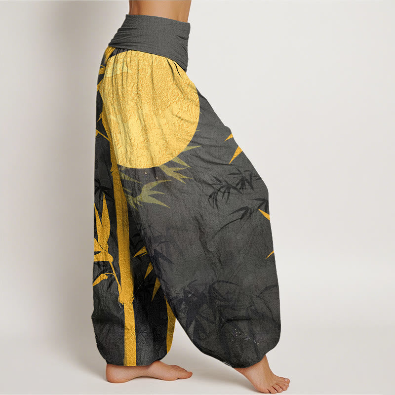 Cotton Bamboo Leaves Full Moon Pattern Women's Elastic Waist Harem Pants
