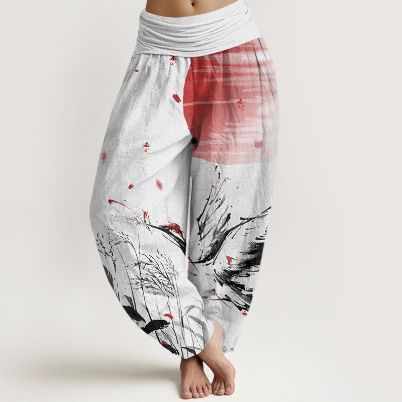 Cotton Casual Red-crowned Reed Sun Crane Pattern Women's Elastic Waist Harem Pants
