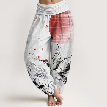 Cotton Casual Red-crowned Reed Sun Crane Pattern Women's Elastic Waist Harem Pants