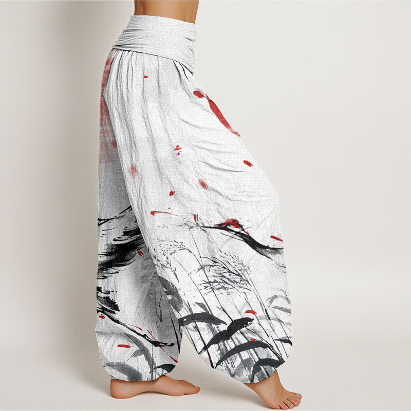 Cotton Casual Red-crowned Reed Sun Crane Pattern Women's Elastic Waist Harem Pants