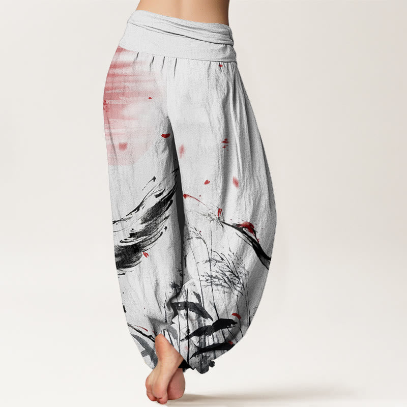Cotton Casual Red-crowned Reed Sun Crane Pattern Women's Elastic Waist Harem Pants