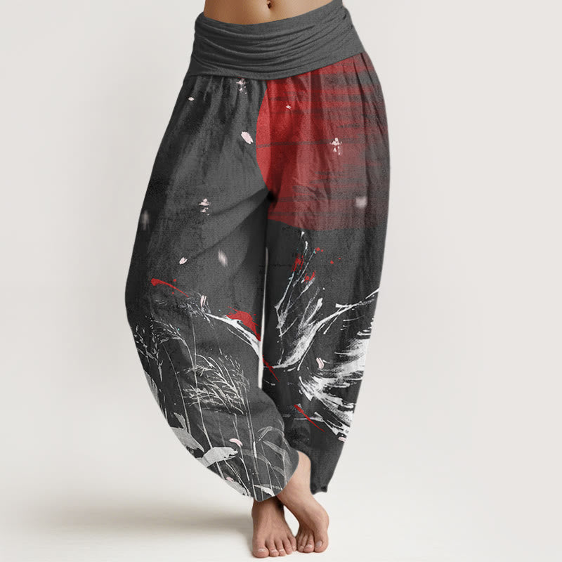 Cotton Casual Red-crowned Reed Sun Crane Pattern Women's Elastic Waist Harem Pants