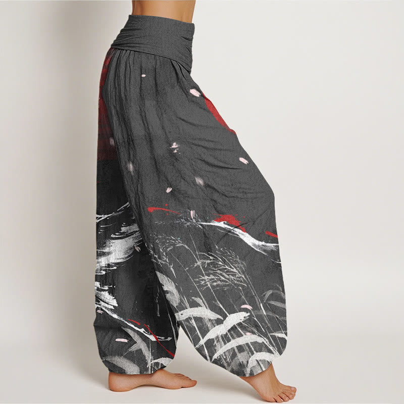 Cotton Casual Red-crowned Reed Sun Crane Pattern Women's Elastic Waist Harem Pants